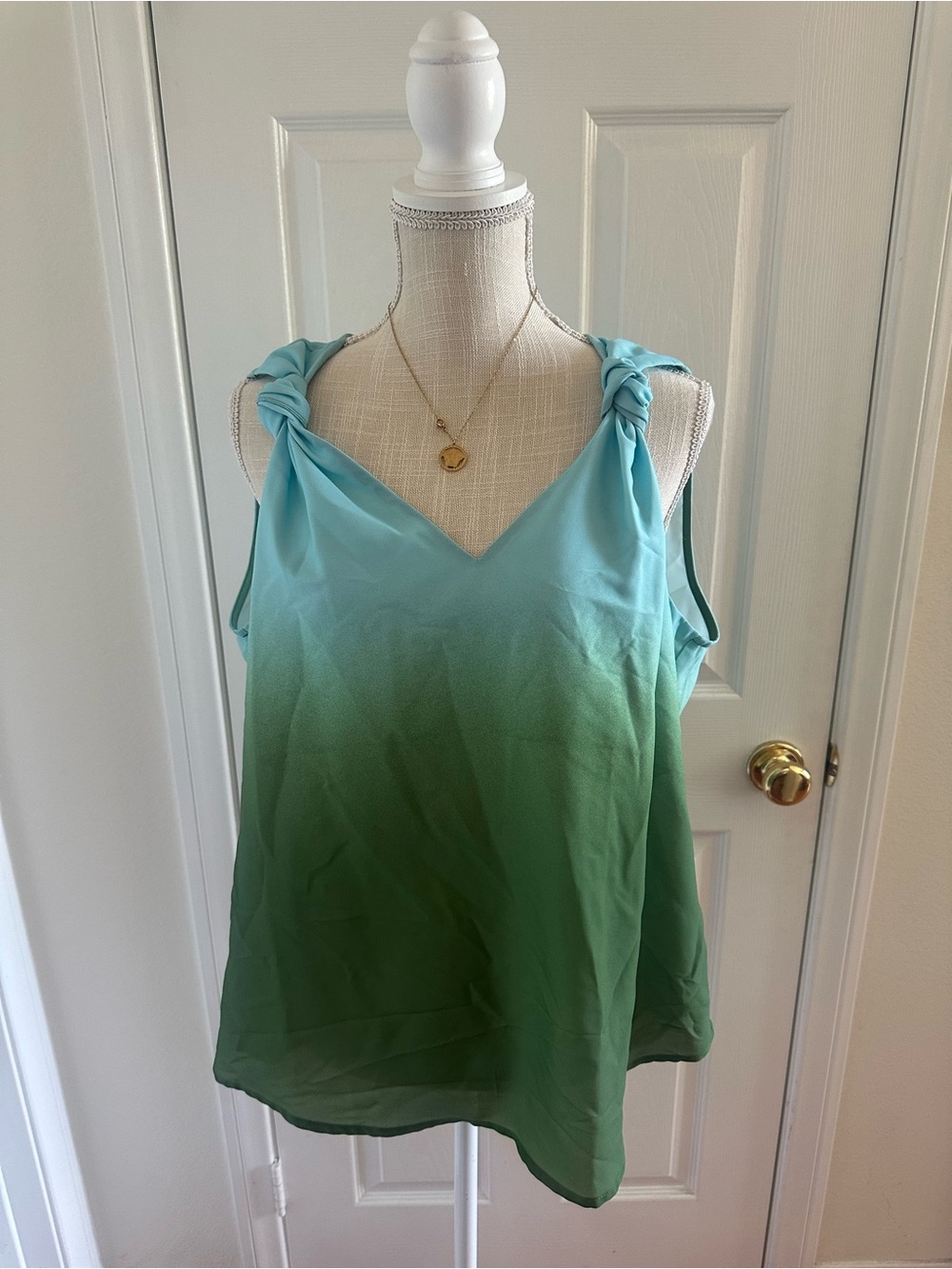 New York & Company Aqua to Green Ombre Knot-Shoulder V-Neck Tank